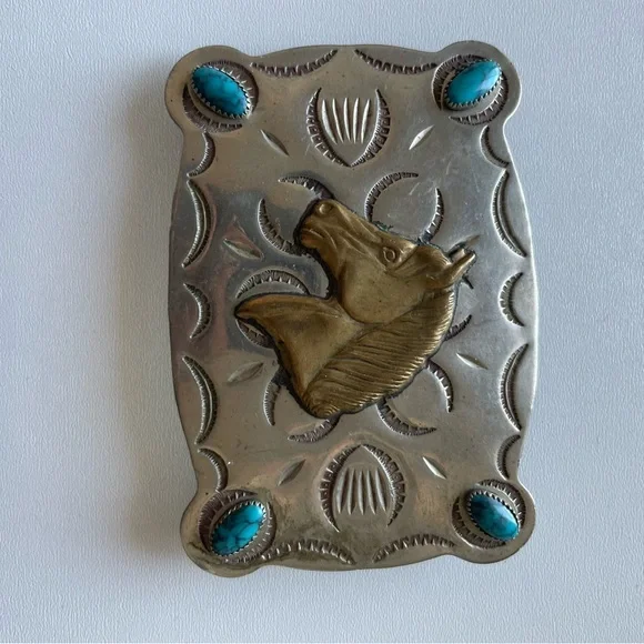 Silver Belt Buckle with Horse Design and Turquoise Accents - Picture 2 of 6